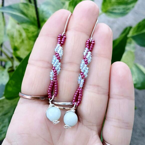 Amazonite Gemstone Spiral Beaded Dangle Earrings, Artisan Boho Chic 3" - Picture 7 of 9